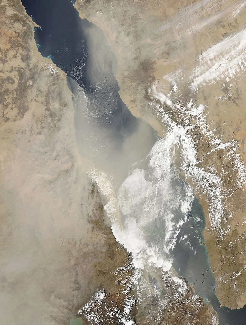 Seasonal chart style image of the Red Sea showing sunny skies and calm water with a dive boat at anchor, suggesting shoulder-season conditions.