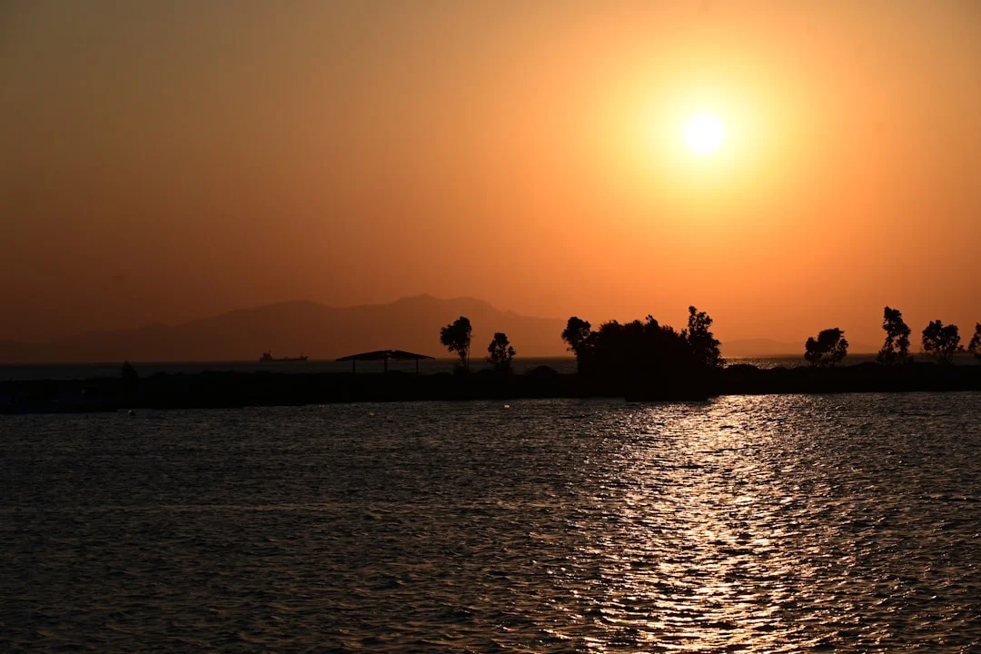 Warm sunset light reflecting on calm water and moored boats in Hurghada marina after island excursions return.