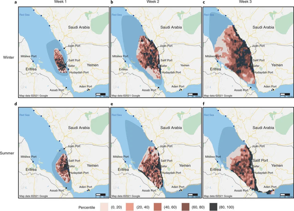 A calm Red Sea surface under a pale sky, with a day boat at anchor and a light northerly breeze indicated by a flag.