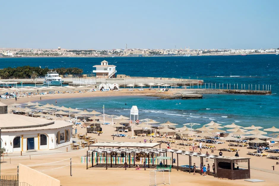 Aerial view of Hurghada’s Red Sea destinations shoreline with sandy beaches, jetties, and turquoise shallows