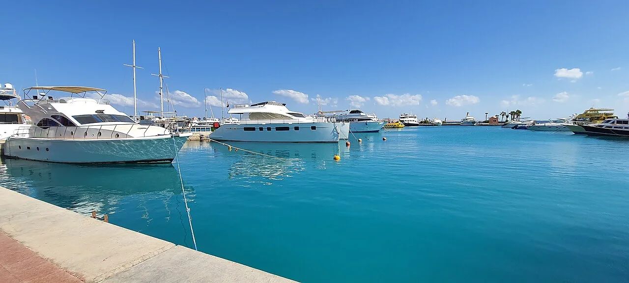 Private boat Hurghada yachts moored at Hurghada Marina before departure for a Hurghada boat rental day charter