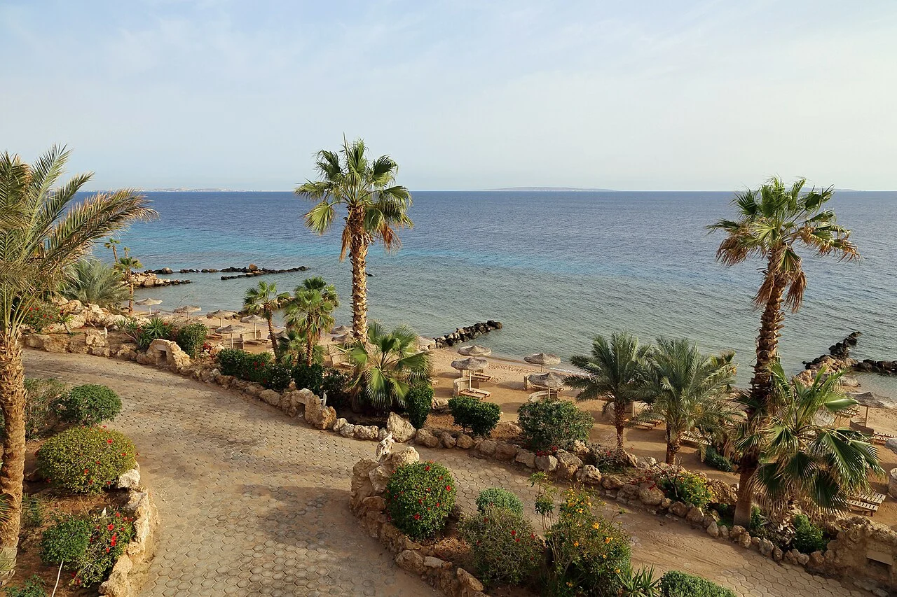 Resort shoreline area representative of controlled-entry snorkeling zones south of Hurghada
