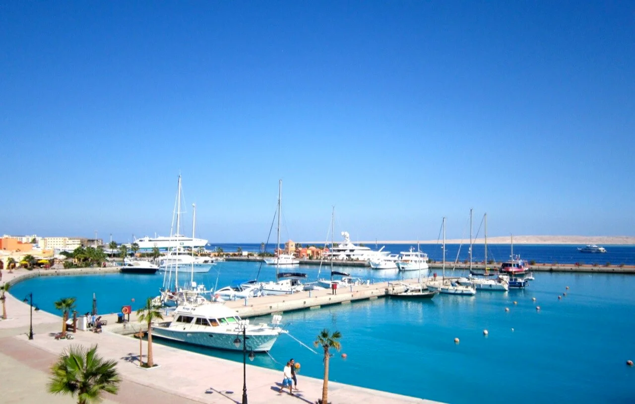 Boats lined up at Hurghada Marina before morning departures